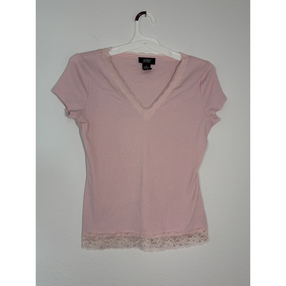 Just Polly New York Pink Ribbed Lace Trim‎ V-Neck Short Sleeve Top XL JK23348